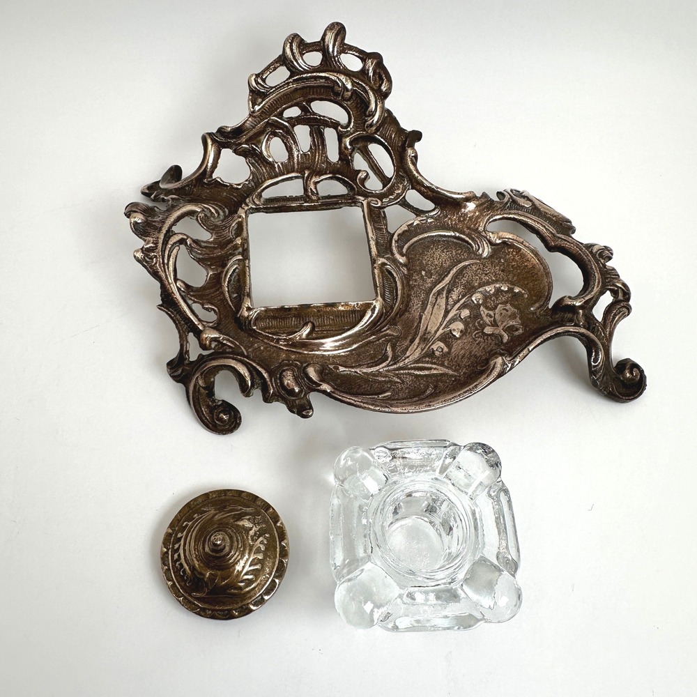 Art Nouveau Brass Desk Inkwell Heavy Cast Metal Victorian Library Dark Academia - Picture 9 of 11